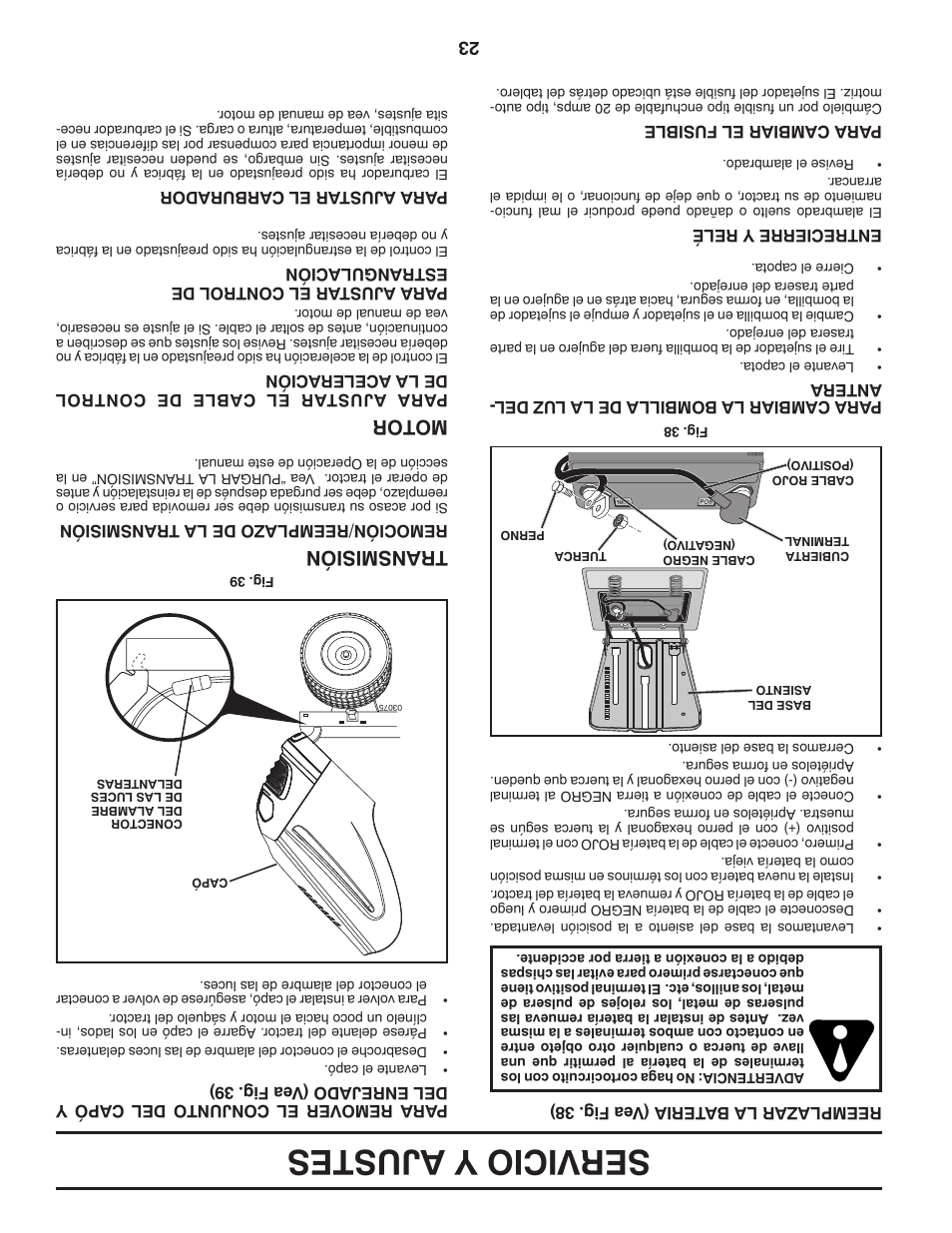 Servicio y ajustes, Transmisión, Motor | Poulan Pro PB195H42LT LAWN TRACTOR User Manual | Page 34 / 56