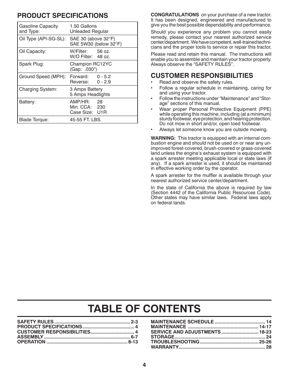 Poulan Pro PB195H42LT LAWN TRACTOR User Manual | Page 4 / 56