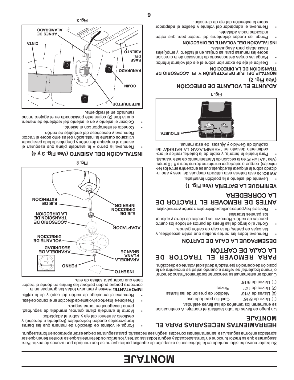 Montaje, Herramientas necesarias p ara el montaje, Para remover el tractor de la caja de cartón | Antes de remover el tractor de la corredera | Poulan Pro PB195H42LT LAWN TRACTOR User Manual | Page 51 / 56