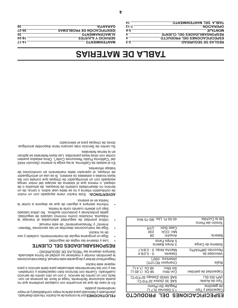 Tabl a de materias, Especificaciones del producto, Responsabilidades del cliente | Poulan Pro PB195H42LT LAWN TRACTOR User Manual | Page 53 / 56