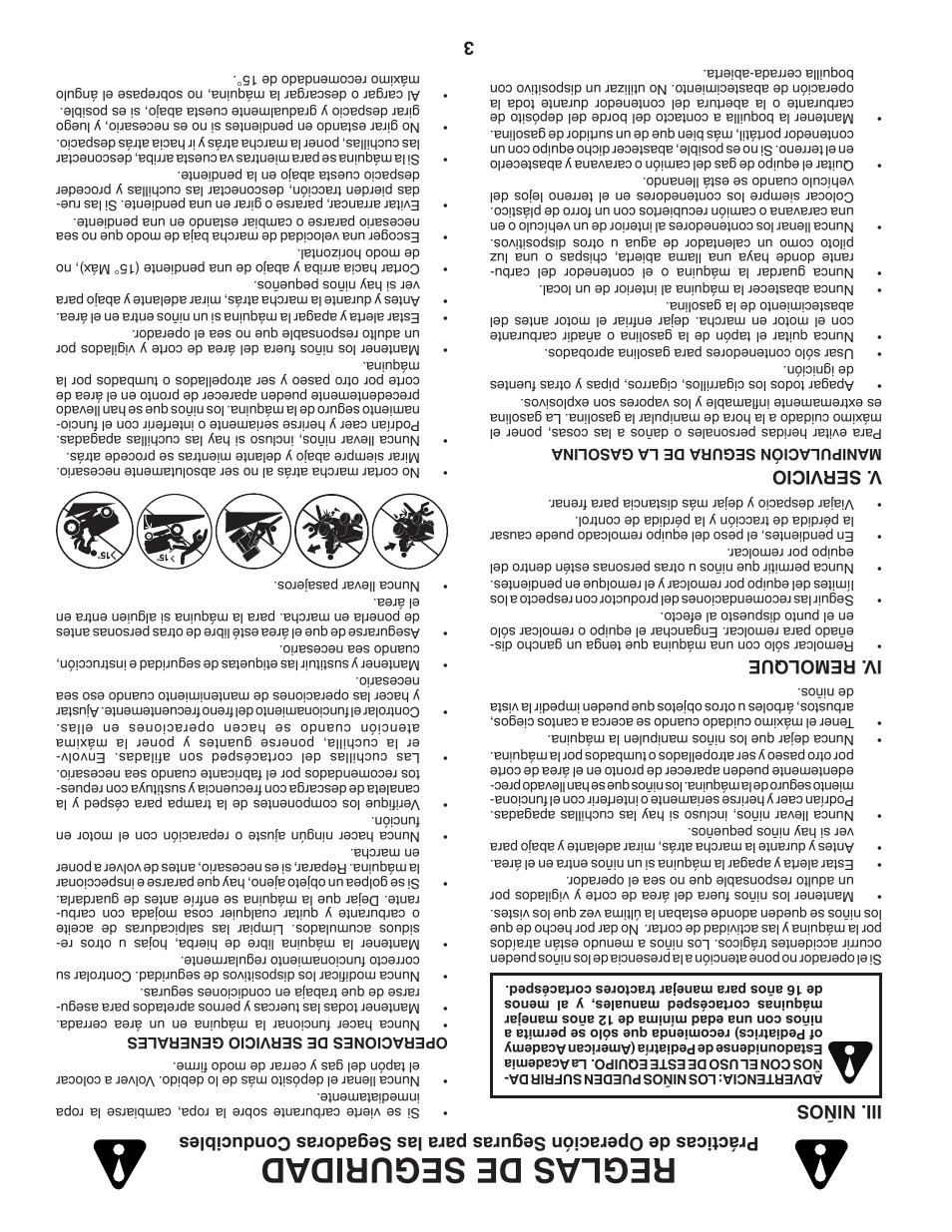 Reglas de seguridad, 3iii. niños, Iv . remolque | V . servicio | Poulan Pro PB195H42LT LAWN TRACTOR User Manual | Page 54 / 56