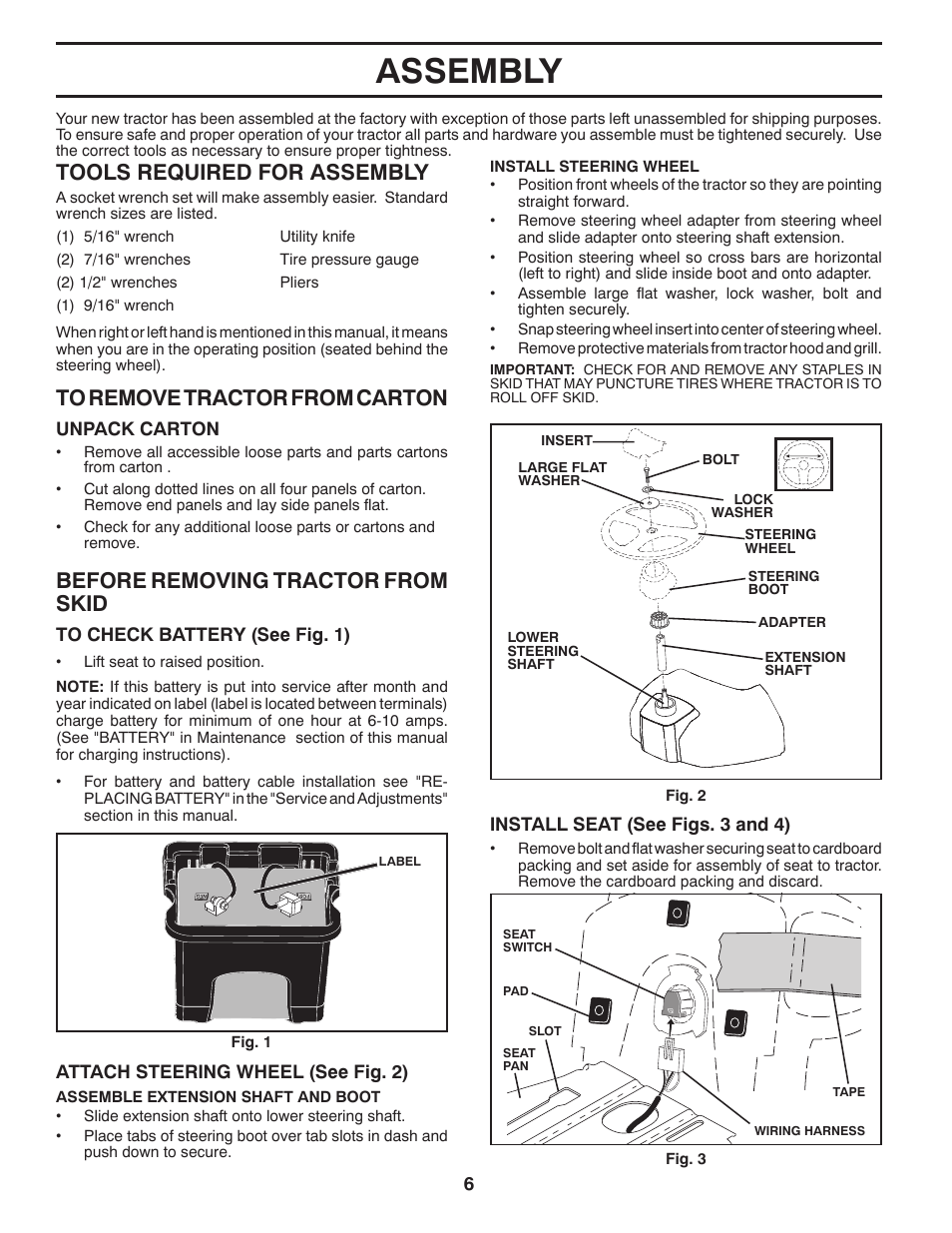 Assembly, Tools required for assembly, Before removing tractor from skid | Poulan Pro PB195H42LT LAWN TRACTOR User Manual | Page 6 / 56