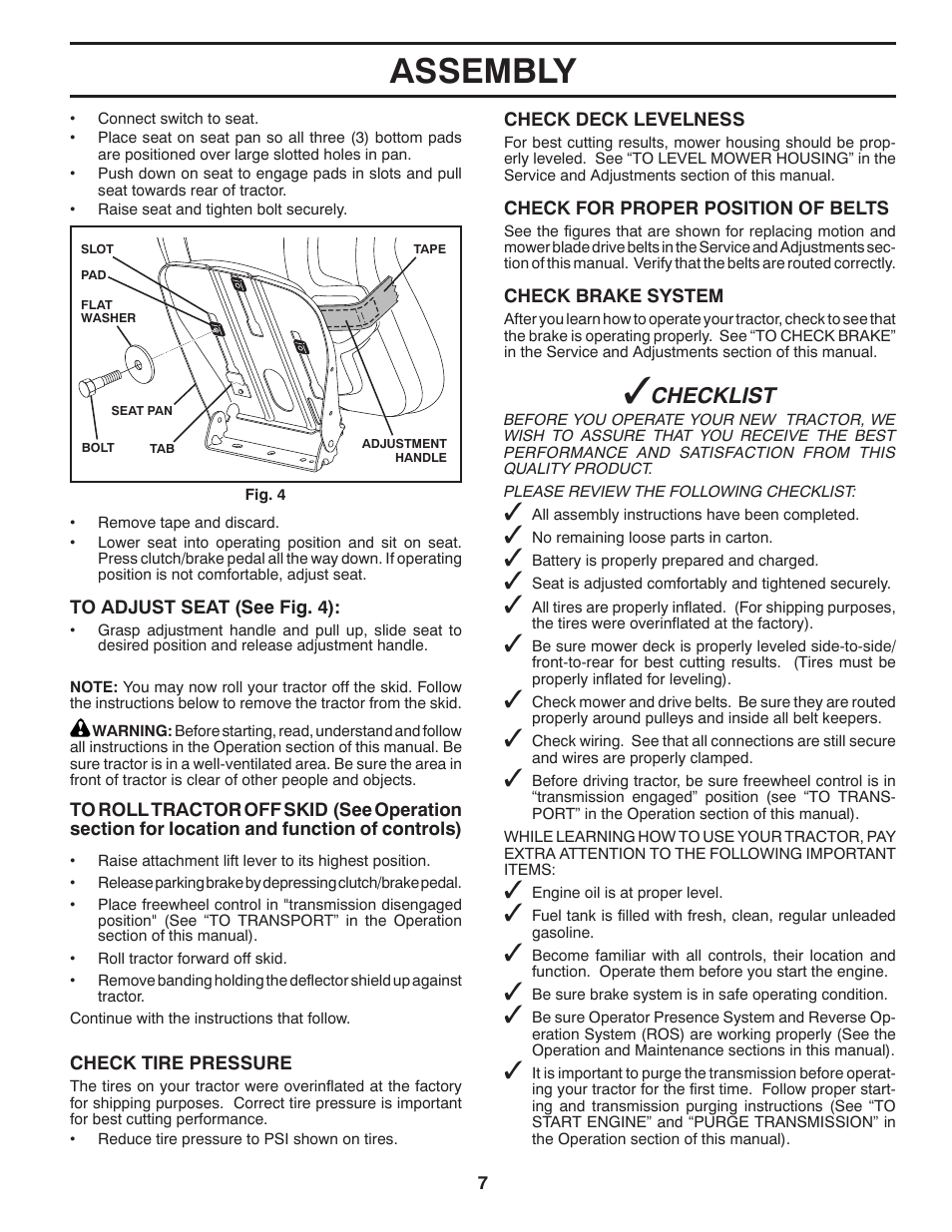 Assembly, Checklist | Poulan Pro PB195H42LT LAWN TRACTOR User Manual | Page 7 / 56