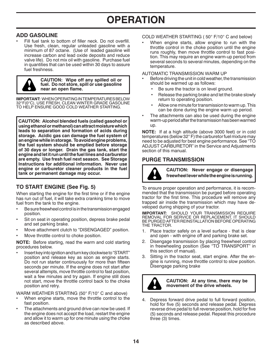 Operation | Poulan Pro PP17538HP LAWN TRACTOR User Manual | Page 14 / 32