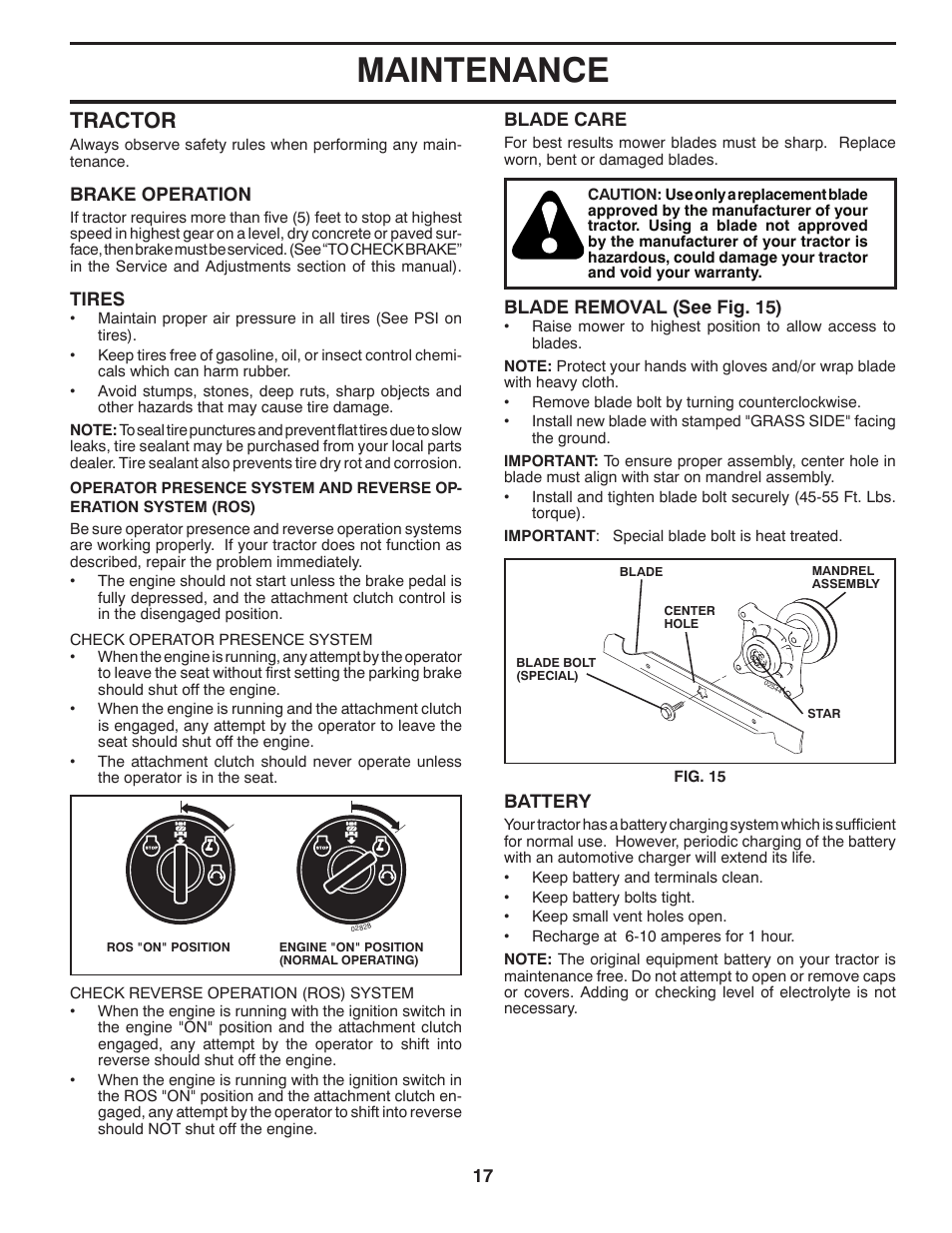 Maintenance, Tractor | Poulan Pro PP17538HP LAWN TRACTOR User Manual | Page 17 / 32