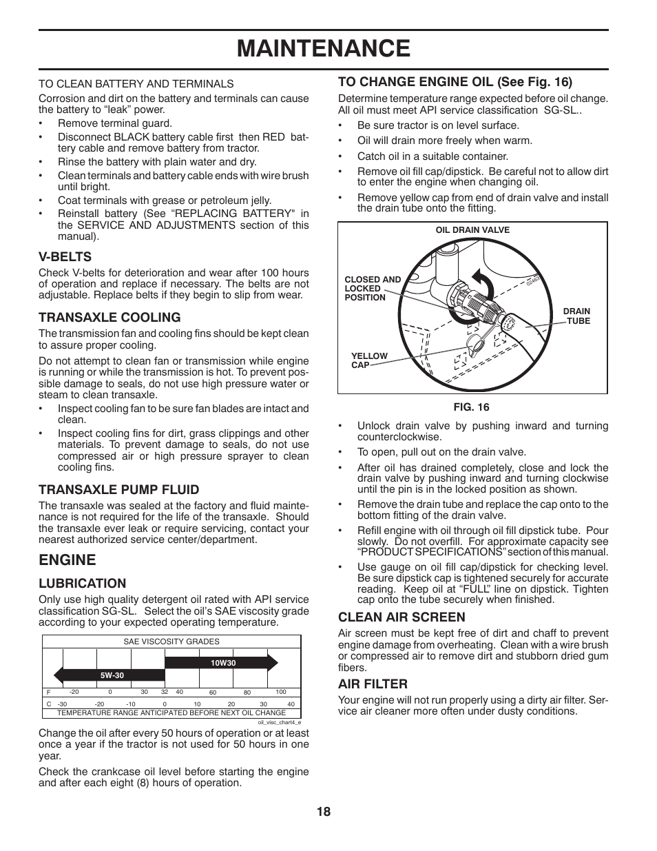 Maintenance, Engine, V-belts | Transaxle cooling, Transaxle pump fluid, Clean air screen, Lubrication, Air filter | Poulan Pro PP17538HP LAWN TRACTOR User Manual | Page 18 / 32