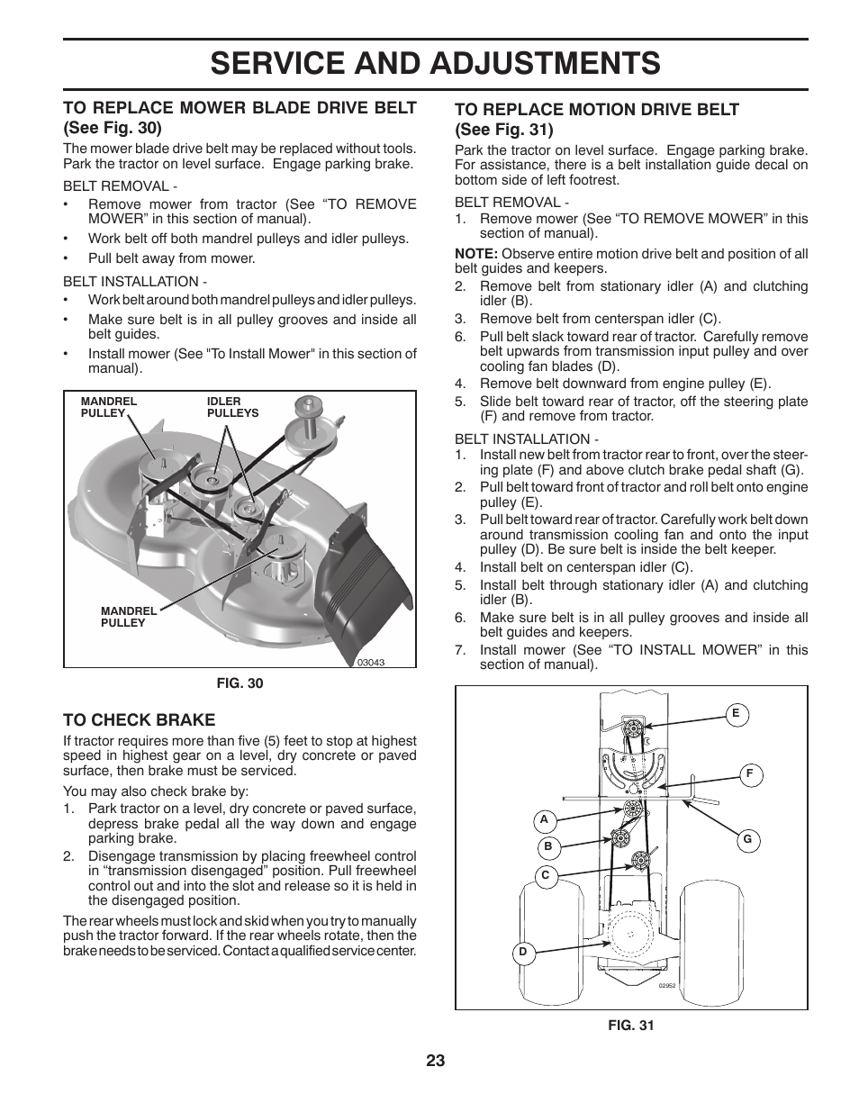 Service and adjustments | Poulan Pro PP17538HP LAWN TRACTOR User Manual | Page 23 / 32