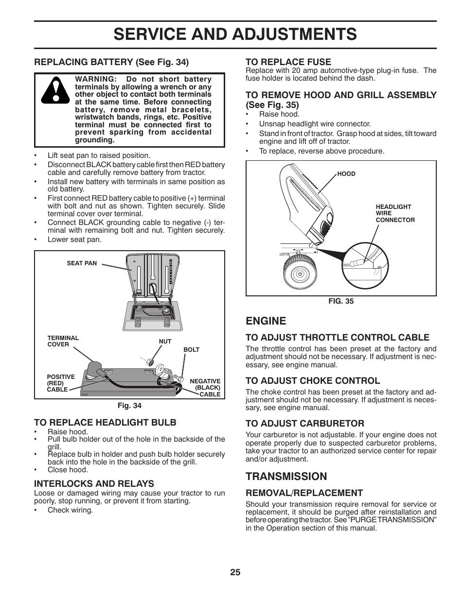 Service and adjustments, Engine, Transmission | Poulan Pro PP17538HP LAWN TRACTOR User Manual | Page 25 / 32