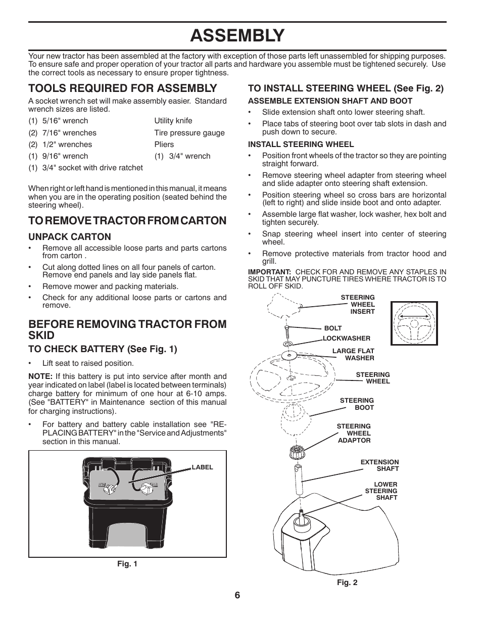 Assembly, Tools required for assembly, Before removing tractor from skid | Poulan Pro PP17538HP LAWN TRACTOR User Manual | Page 6 / 32