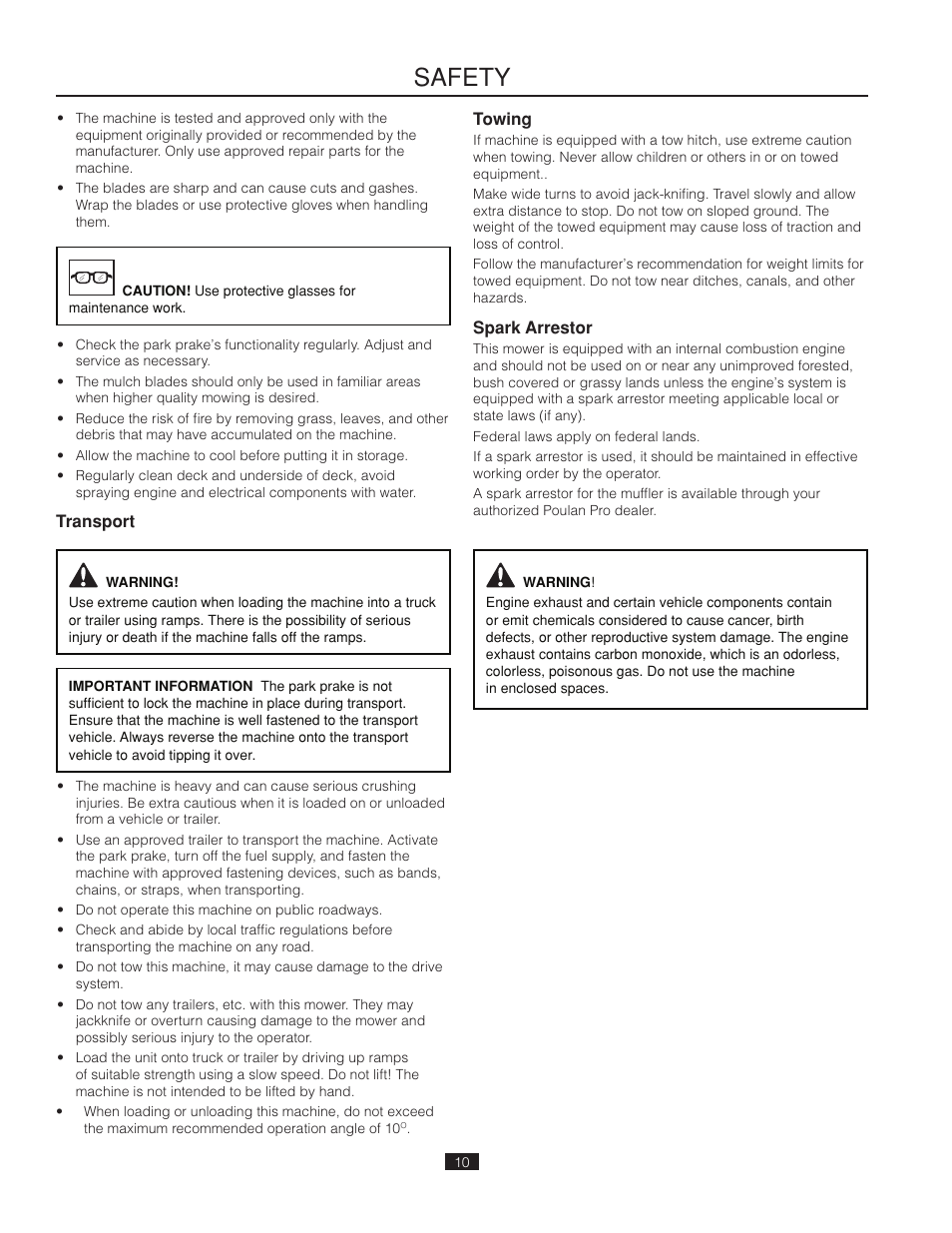 Transport, Towing, Spark arrestor | Safety | Poulan Pro 461ZX_966681802 LAWN TRACTOR User Manual | Page 10 / 44