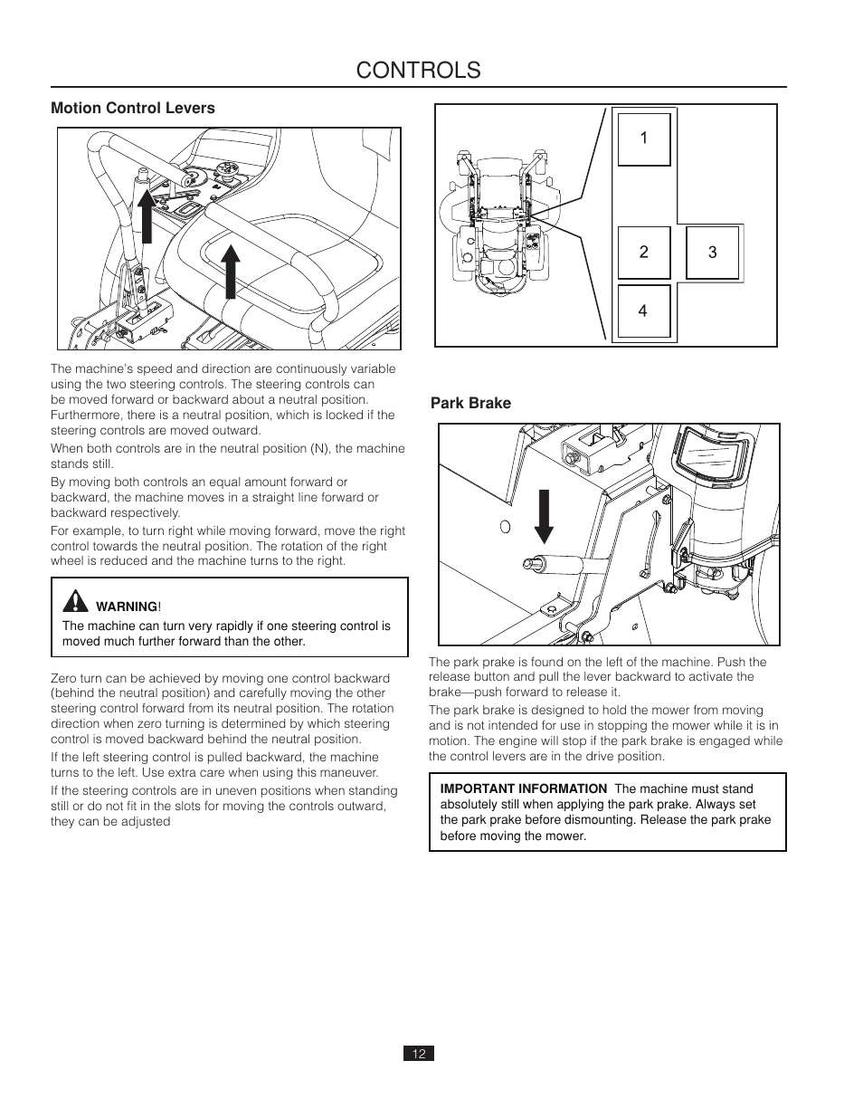 Motion control levers, Park brake, Controls | Poulan Pro 461ZX_966681802 LAWN TRACTOR User Manual | Page 12 / 44