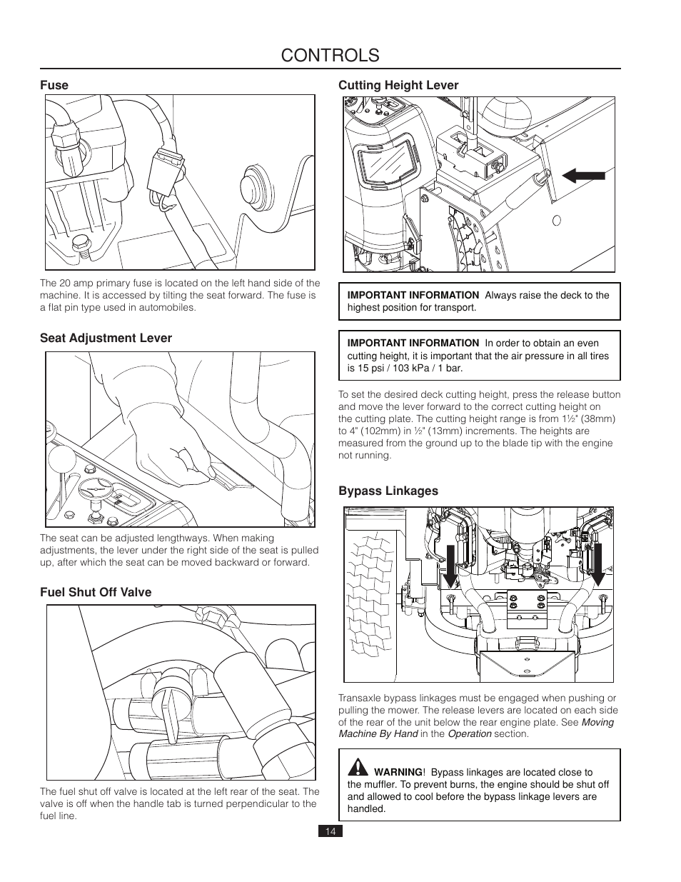 Fuse, Seat adjustment lever, Fuel shut off valve | Cutting height lever, Bypass linkages, Controls | Poulan Pro 461ZX_966681802 LAWN TRACTOR User Manual | Page 14 / 44