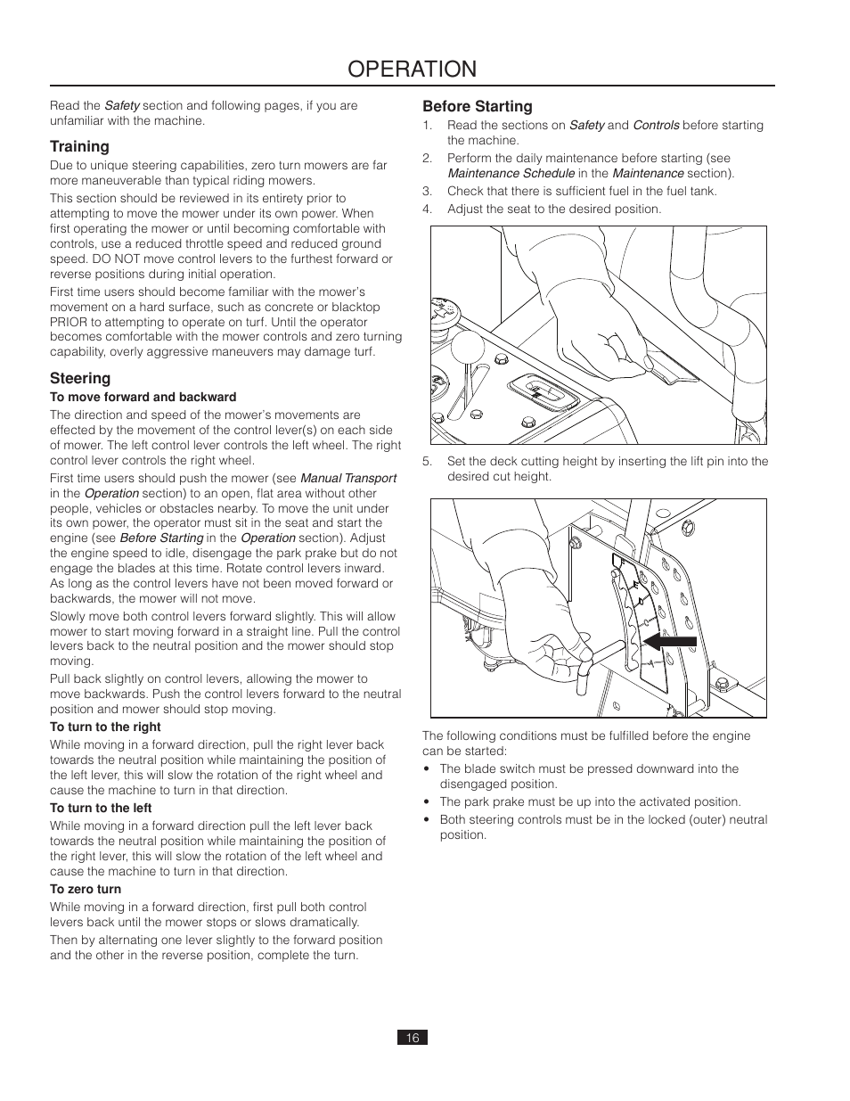 Operation, Training, Steering | Before starting | Poulan Pro 461ZX_966681802 LAWN TRACTOR User Manual | Page 16 / 44