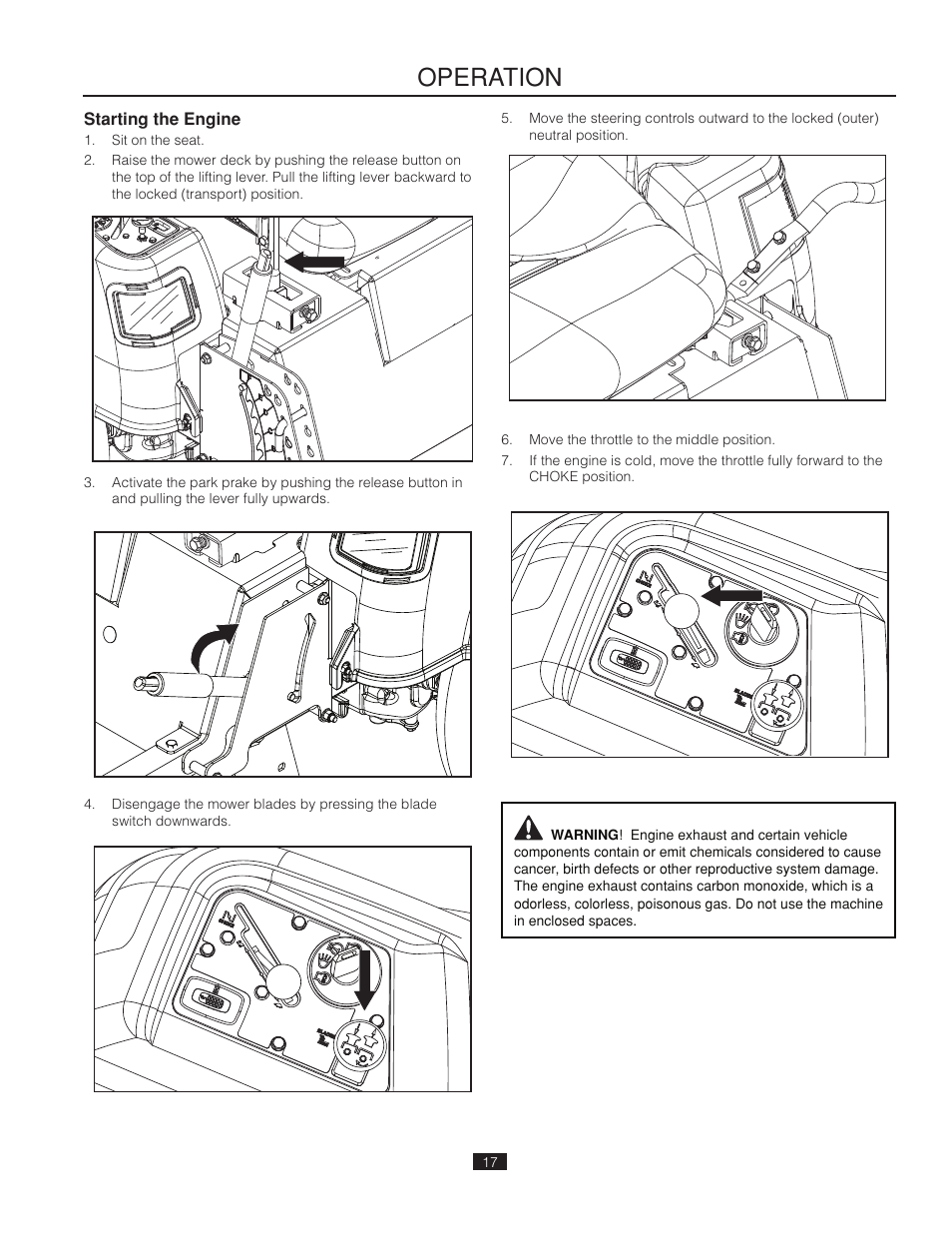 Starting the engine, Operation | Poulan Pro 461ZX_966681802 LAWN TRACTOR User Manual | Page 17 / 44
