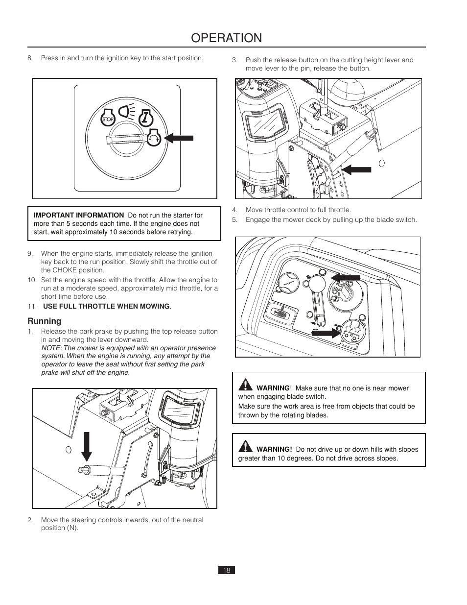 Running, Operation | Poulan Pro 461ZX_966681802 LAWN TRACTOR User Manual | Page 18 / 44