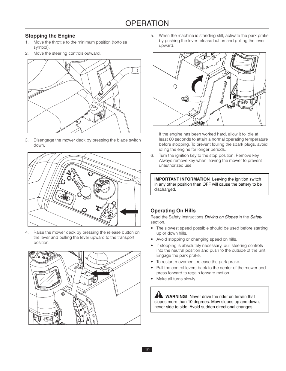 Stopping the engine, Operating on hills, Operation | Poulan Pro 461ZX_966681802 LAWN TRACTOR User Manual | Page 19 / 44