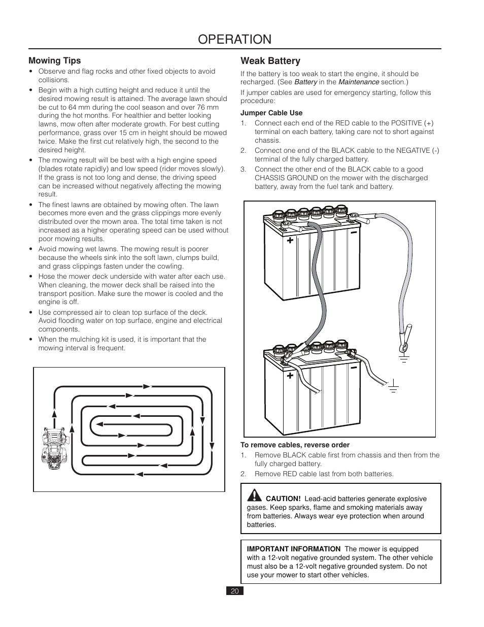 Mowing tips, Operation, Weak battery | Poulan Pro 461ZX_966681802 LAWN TRACTOR User Manual | Page 20 / 44