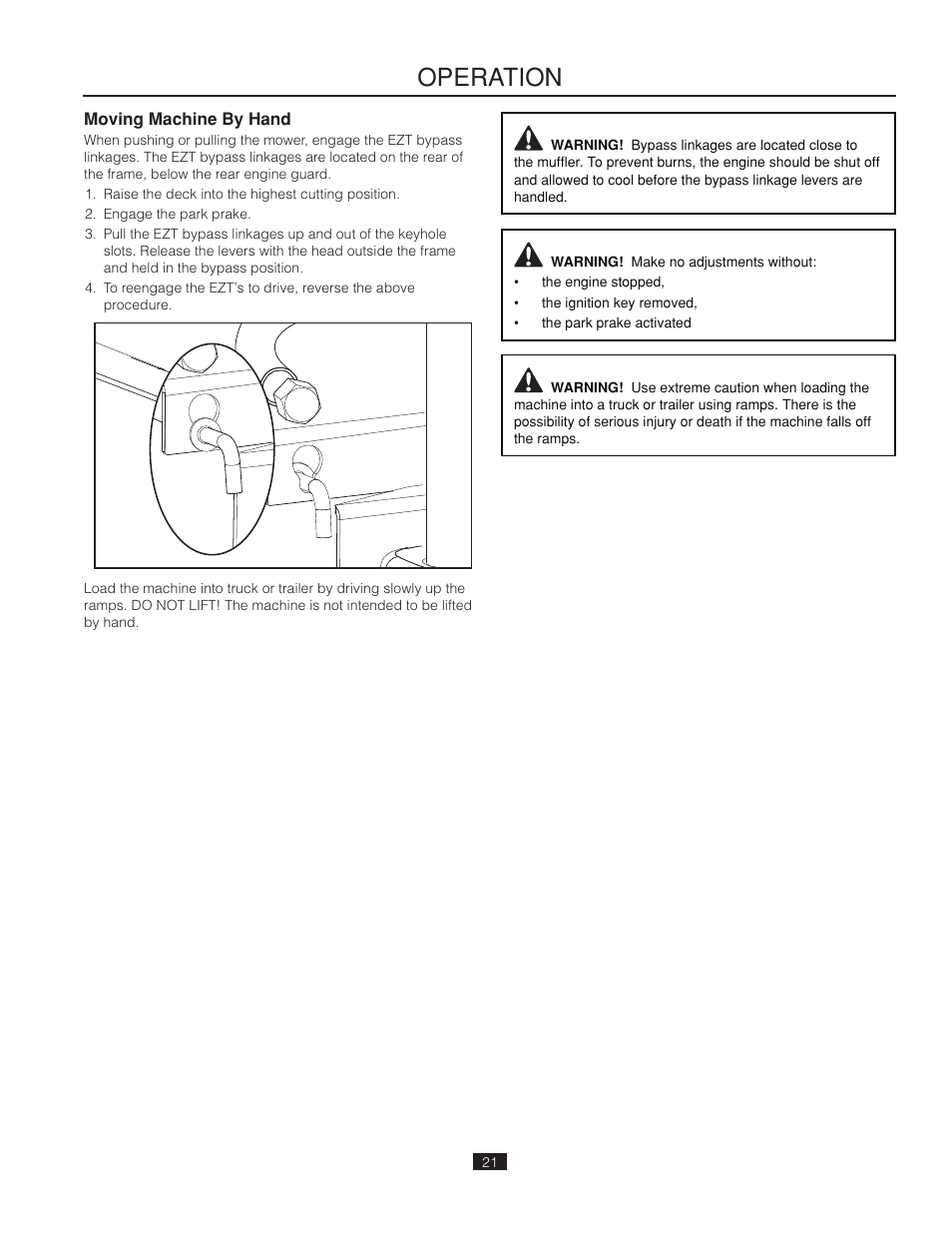 Moving machine by hand, Operation | Poulan Pro 461ZX_966681802 LAWN TRACTOR User Manual | Page 21 / 44