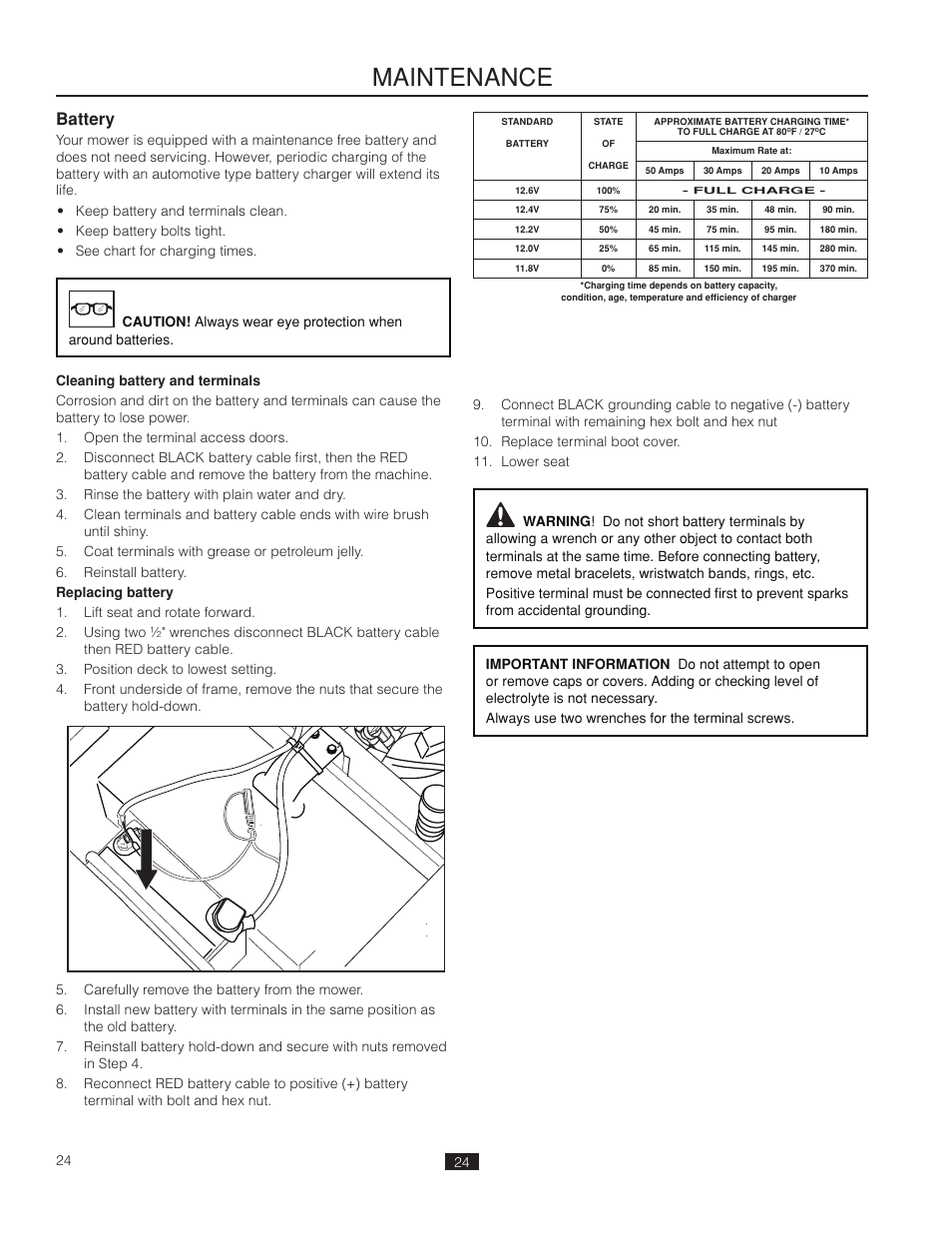 Battery, Maintenance | Poulan Pro 461ZX_966681802 LAWN TRACTOR User Manual | Page 24 / 44