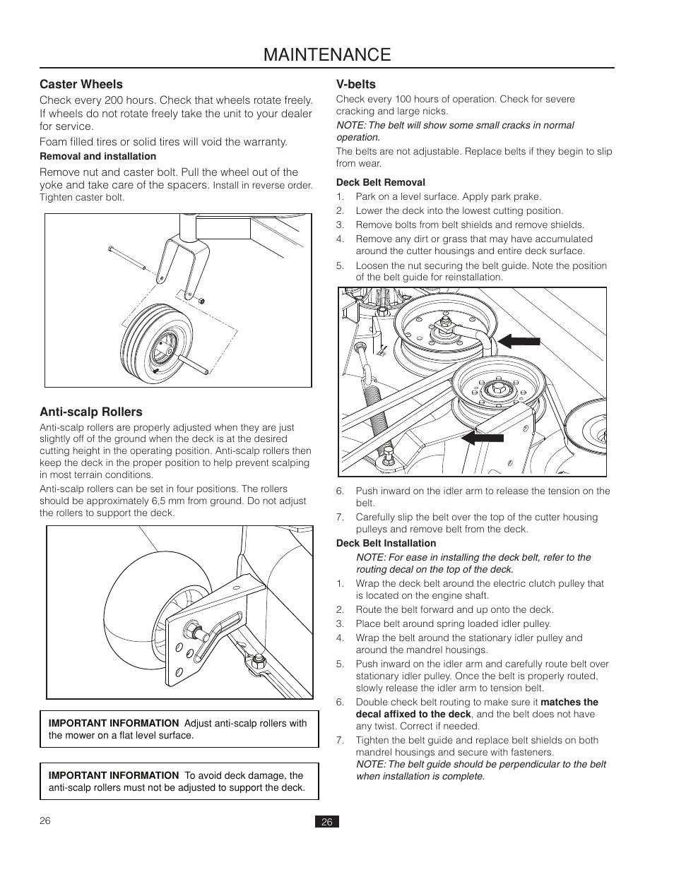 Caster wheels, Anti-scalp rollers, V-belts | Deck belt removal, Maintenance | Poulan Pro 461ZX_966681802 LAWN TRACTOR User Manual | Page 26 / 44