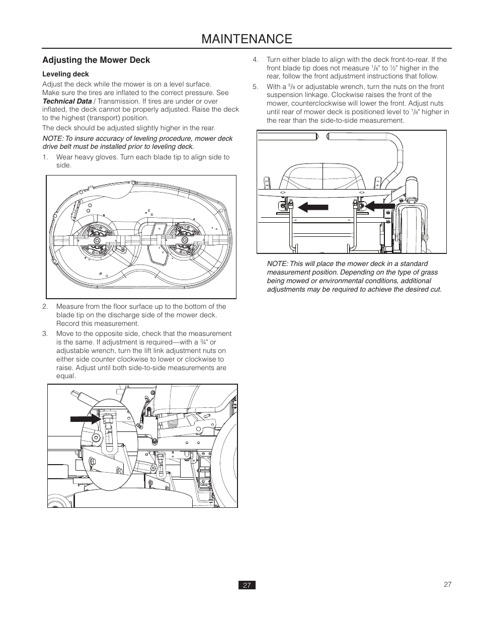 Adjusting the mower deck, Leveling deck, Maintenance | Poulan Pro 461ZX_966681802 LAWN TRACTOR User Manual | Page 27 / 44