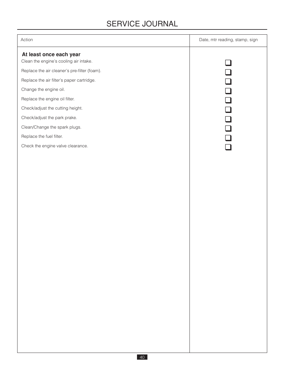 Service journal | Poulan Pro 461ZX_966681802 LAWN TRACTOR User Manual | Page 40 / 44