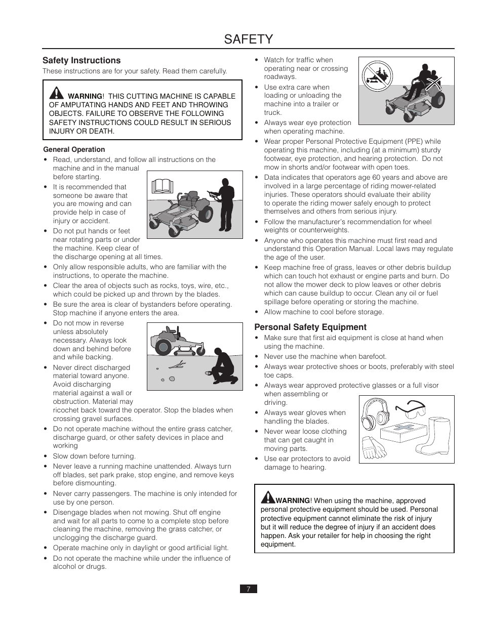 Safety instructions, Personal safety equipment, Safety | Poulan Pro 461ZX_966681802 LAWN TRACTOR User Manual | Page 7 / 44