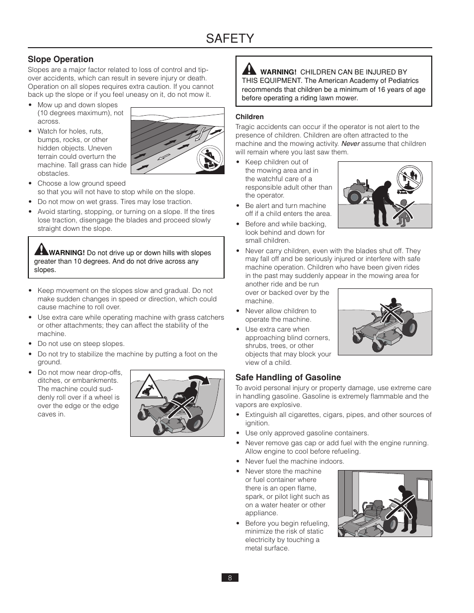 Slope operation, Safe handling of gasoline, Safety | Poulan Pro 461ZX_966681802 LAWN TRACTOR User Manual | Page 8 / 44