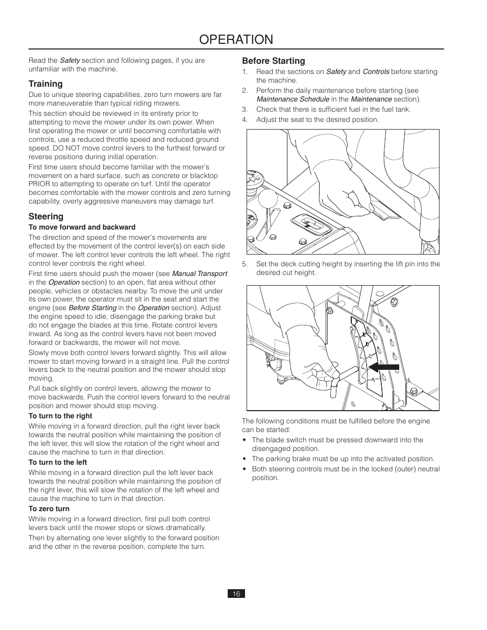 Operation, Training, Steering | Before starting | Poulan Pro 541ZX_966681901 LAWN TRACTOR User Manual | Page 16 / 44