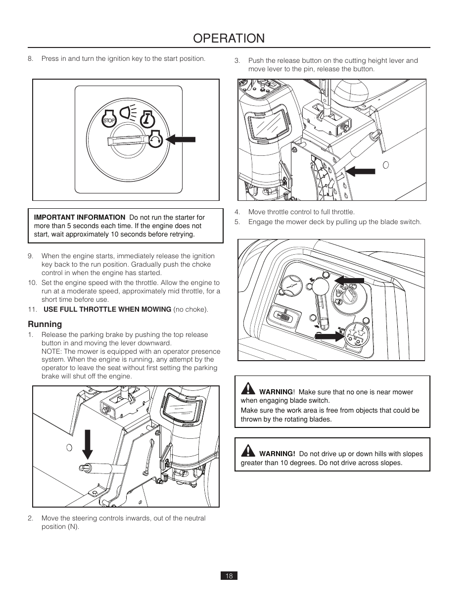Running, Operation | Poulan Pro 541ZX_966681901 LAWN TRACTOR User Manual | Page 18 / 44