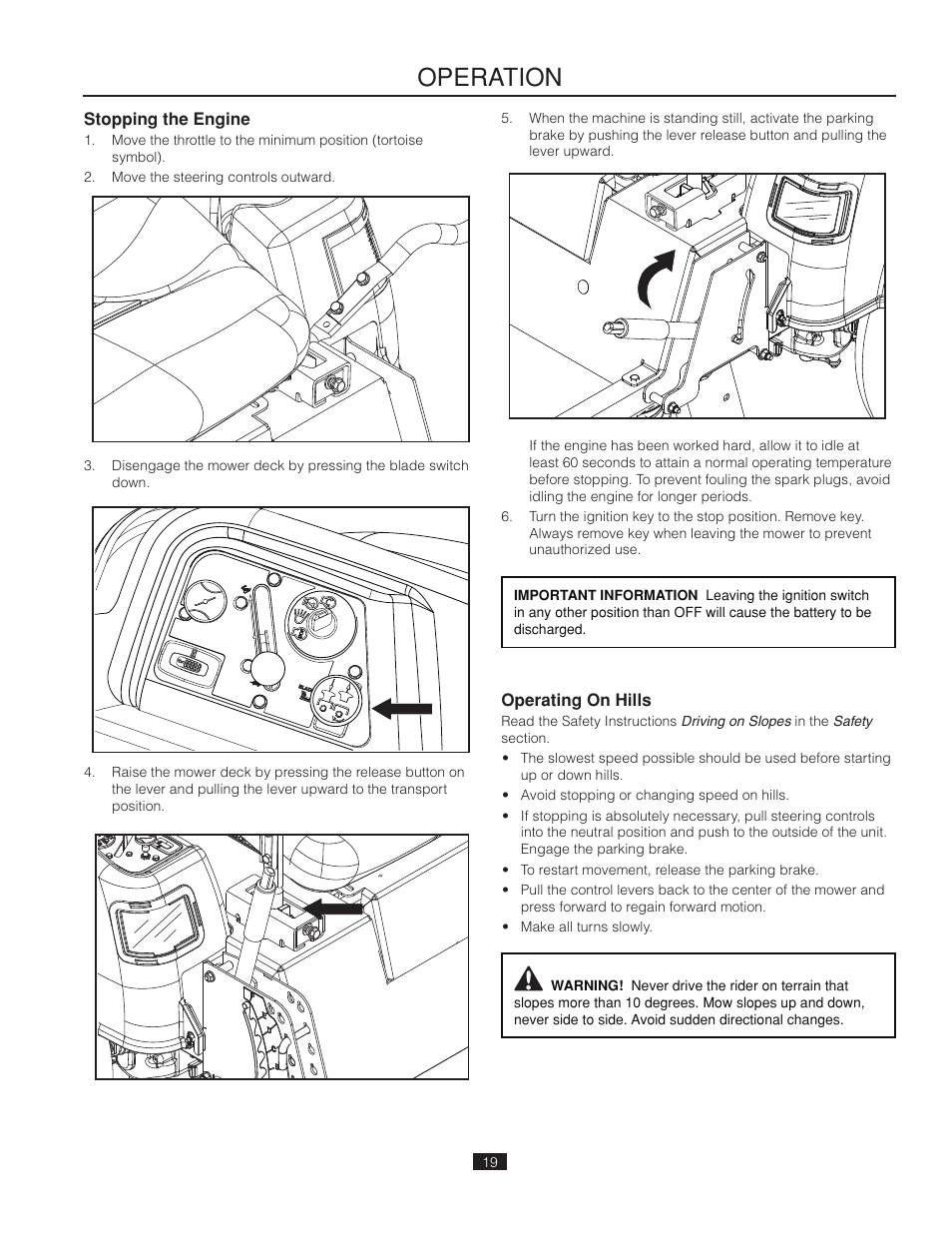 Stopping the engine, Operating on hills, Operation | Poulan Pro 541ZX_966681901 LAWN TRACTOR User Manual | Page 19 / 44