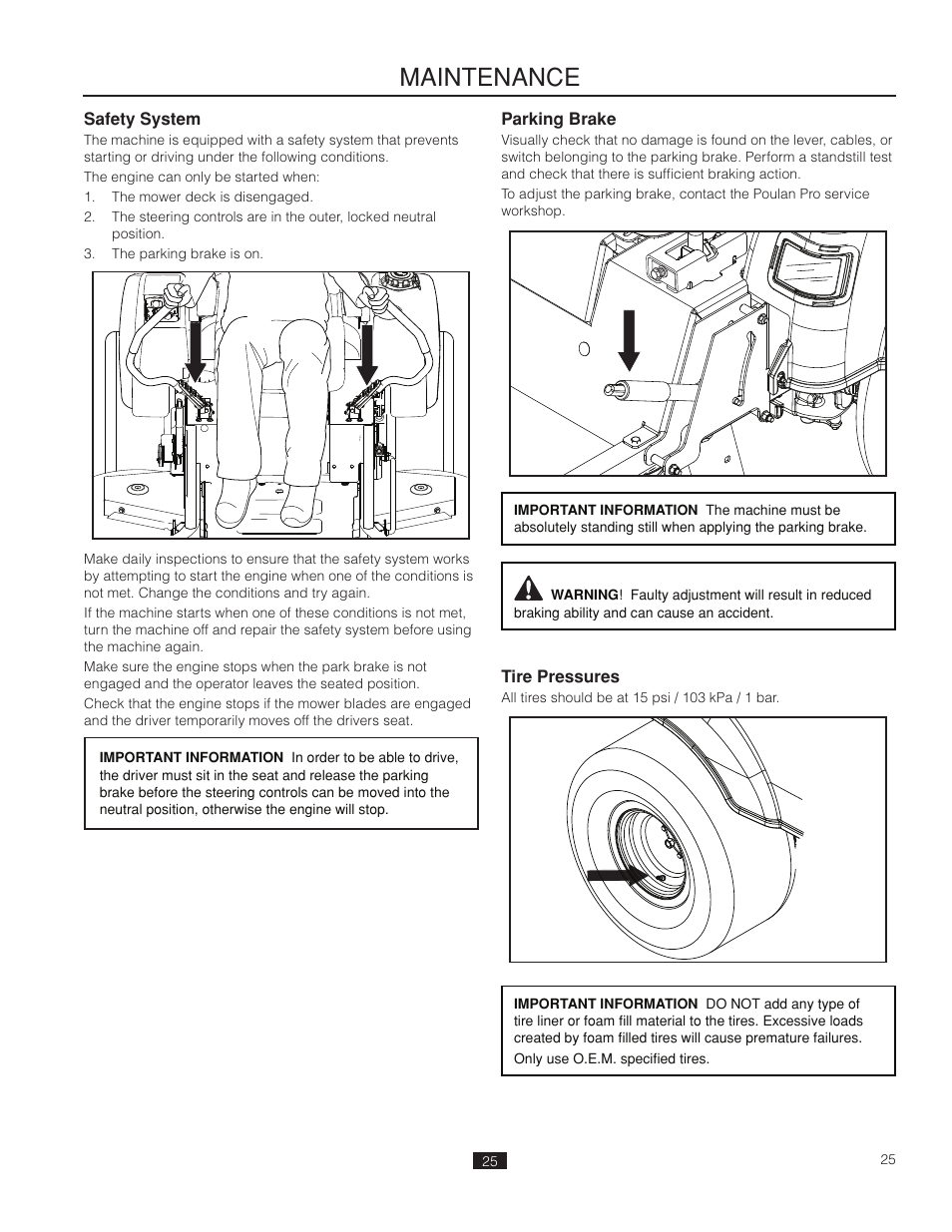 Safety system, Parking brake, Tire pressures | Maintenance | Poulan Pro 541ZX_966681901 LAWN TRACTOR User Manual | Page 25 / 44