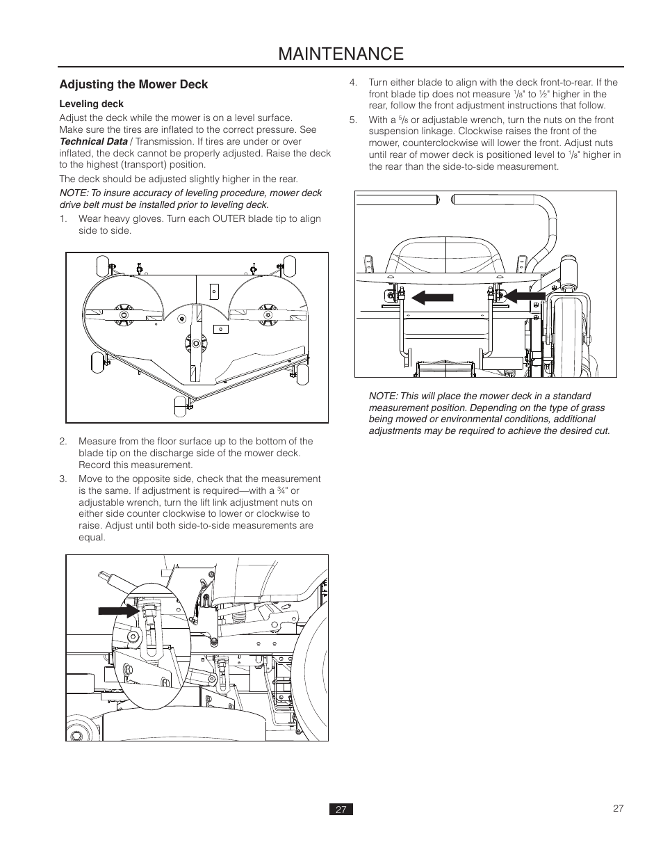 Adjusting the mower deck, Leveling deck, Maintenance | Poulan Pro 541ZX_966681901 LAWN TRACTOR User Manual | Page 27 / 44