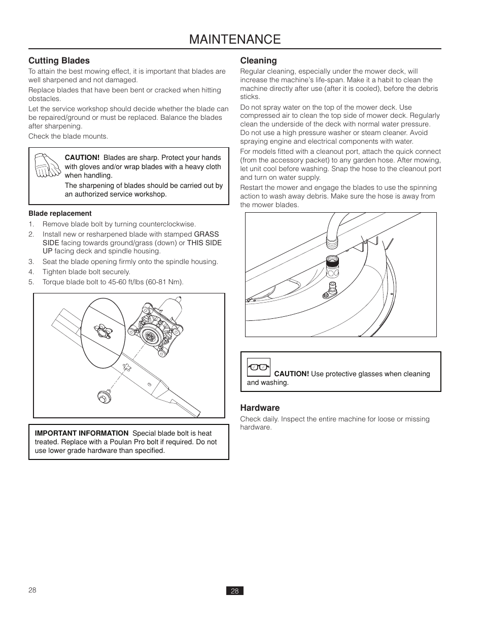 Cutting blades, Blade replacement, Cleaning | Hardware, Maintenance | Poulan Pro 541ZX_966681901 LAWN TRACTOR User Manual | Page 28 / 44