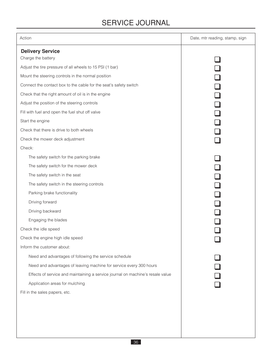 Service journal | Poulan Pro 541ZX_966681901 LAWN TRACTOR User Manual | Page 36 / 44