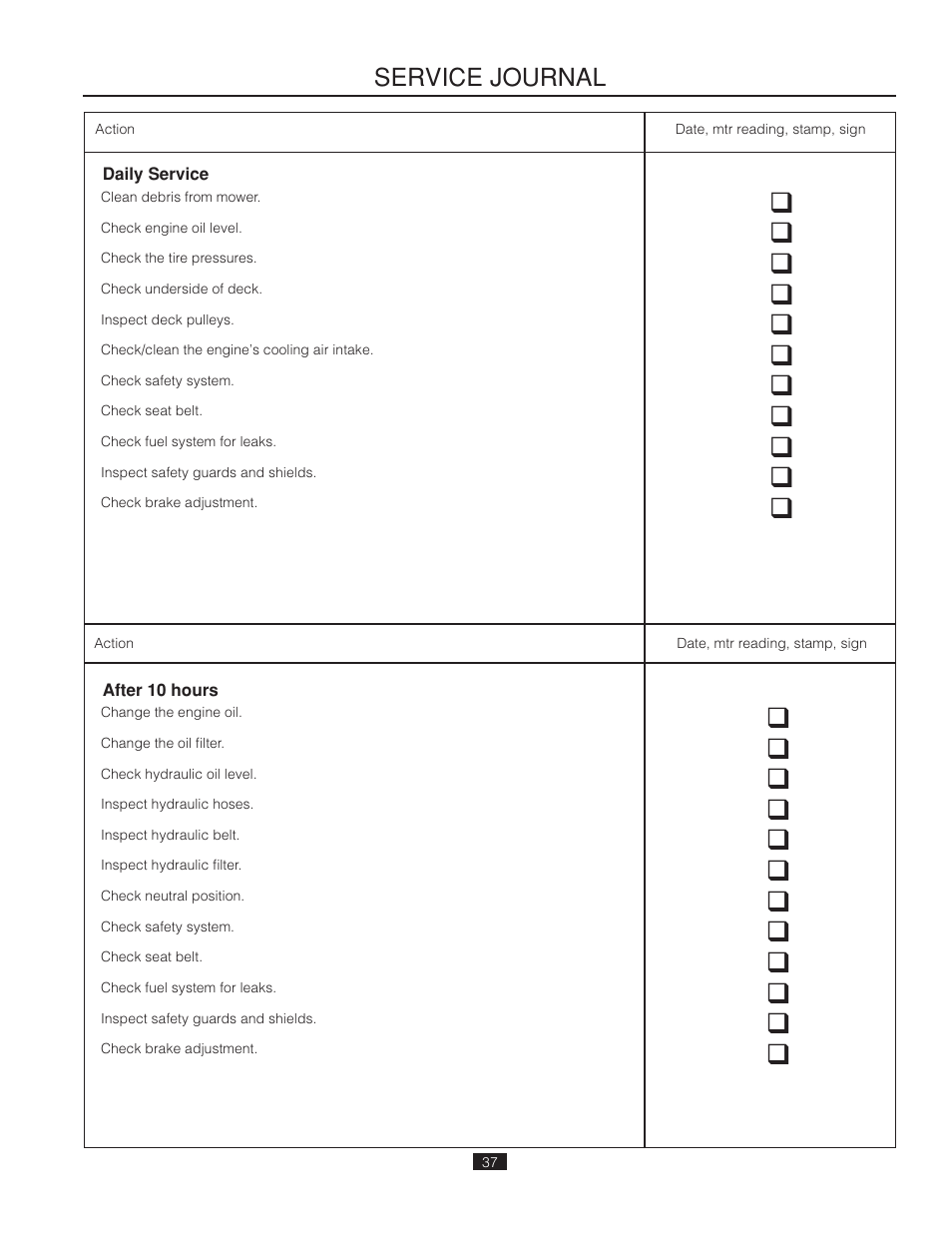 Service journal | Poulan Pro 541ZX_966681901 LAWN TRACTOR User Manual | Page 37 / 44