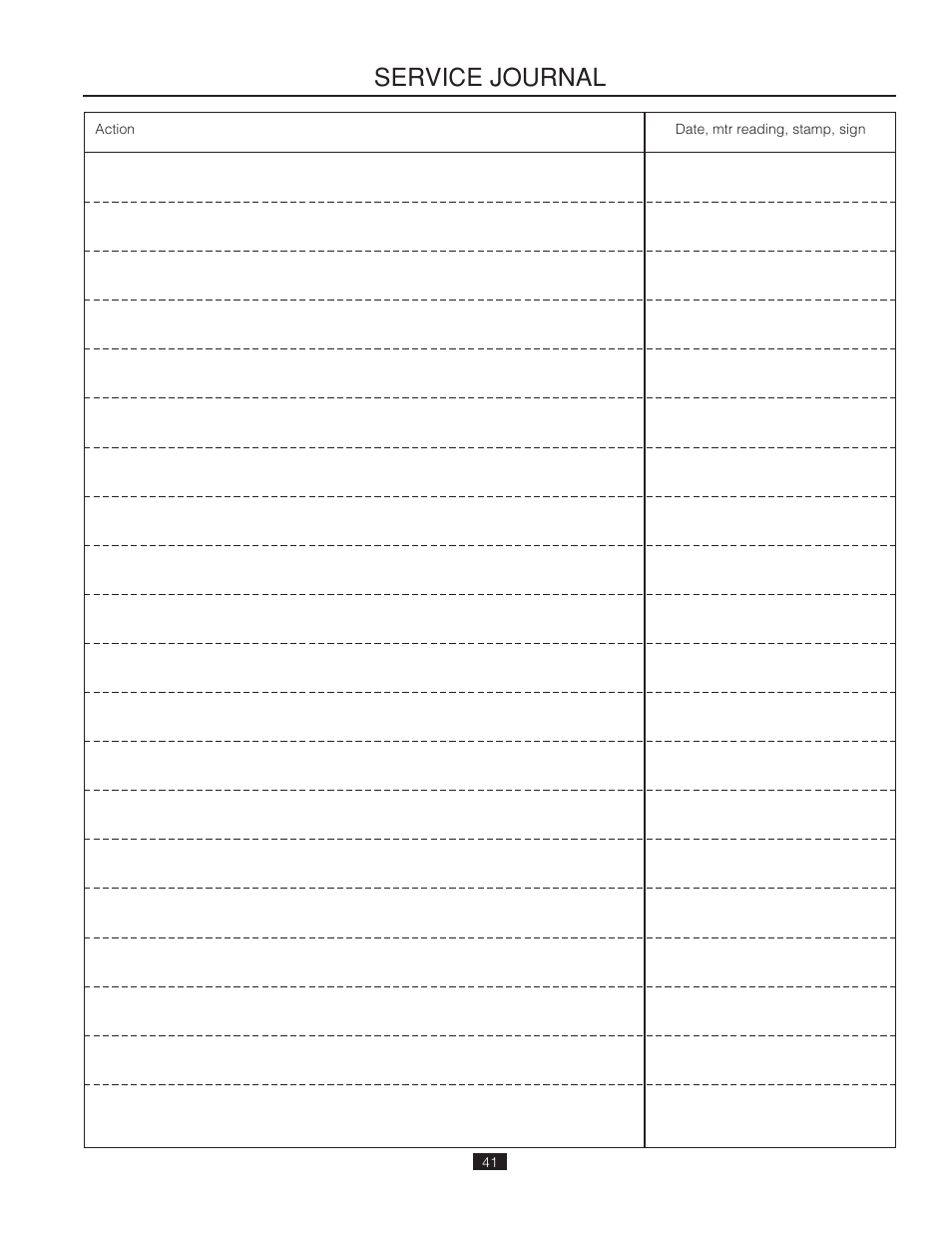 Service journal | Poulan Pro 541ZX_966681901 LAWN TRACTOR User Manual | Page 41 / 44