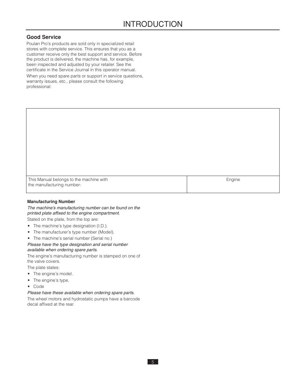 Good service, Introduction | Poulan Pro 541ZX_966681901 LAWN TRACTOR User Manual | Page 5 / 44