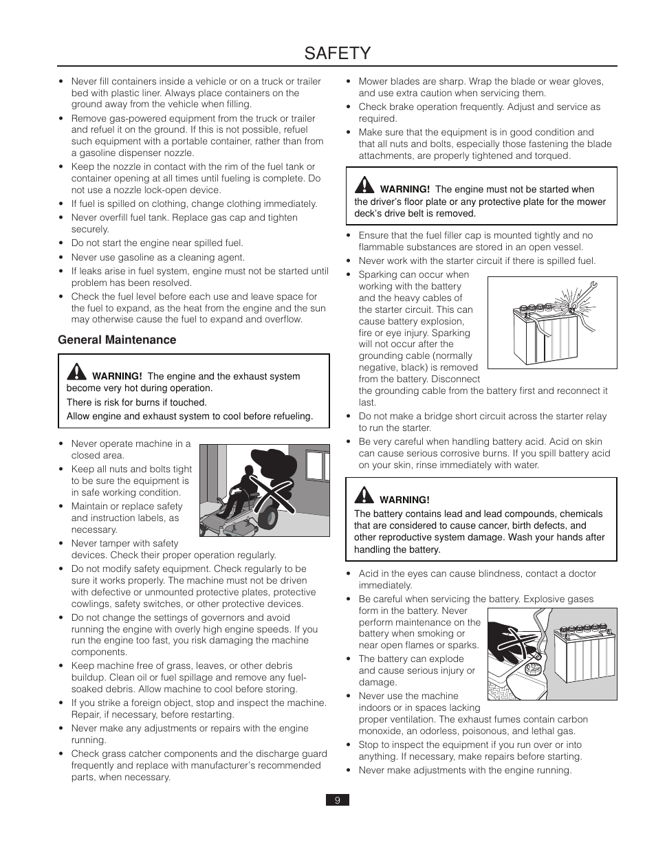 General maintenance, Safety | Poulan Pro 541ZX_966681901 LAWN TRACTOR User Manual | Page 9 / 44