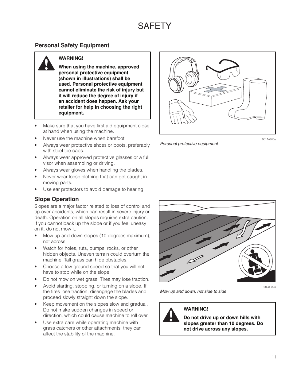 Personal safety equipment, Slope operation, Safety | Poulan Pro 301ZX_966681701 LAWN TRACTOR User Manual | Page 11 / 56