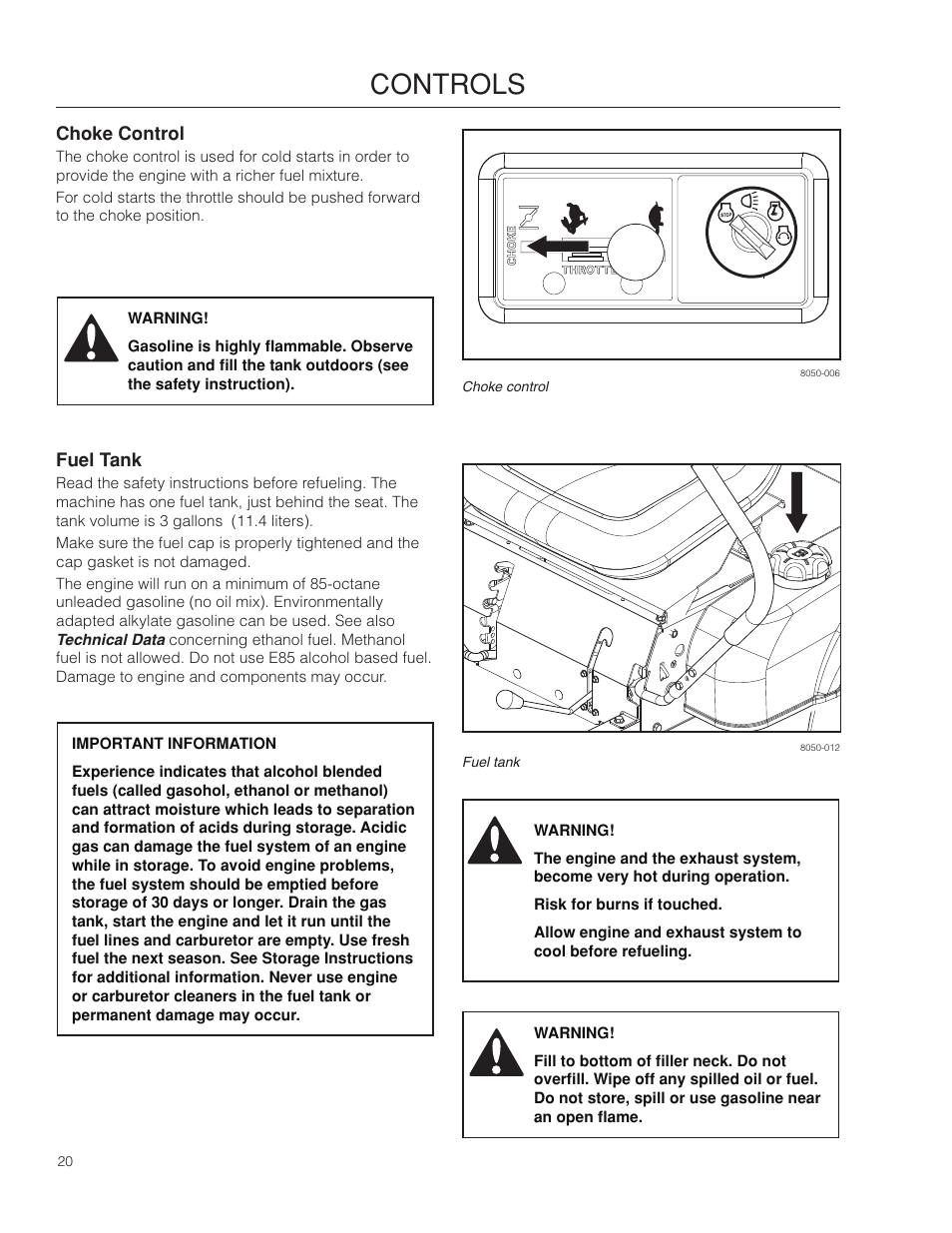Choke control, Fuel tank, Controls | Poulan Pro 301ZX_966681701 LAWN TRACTOR User Manual | Page 20 / 56