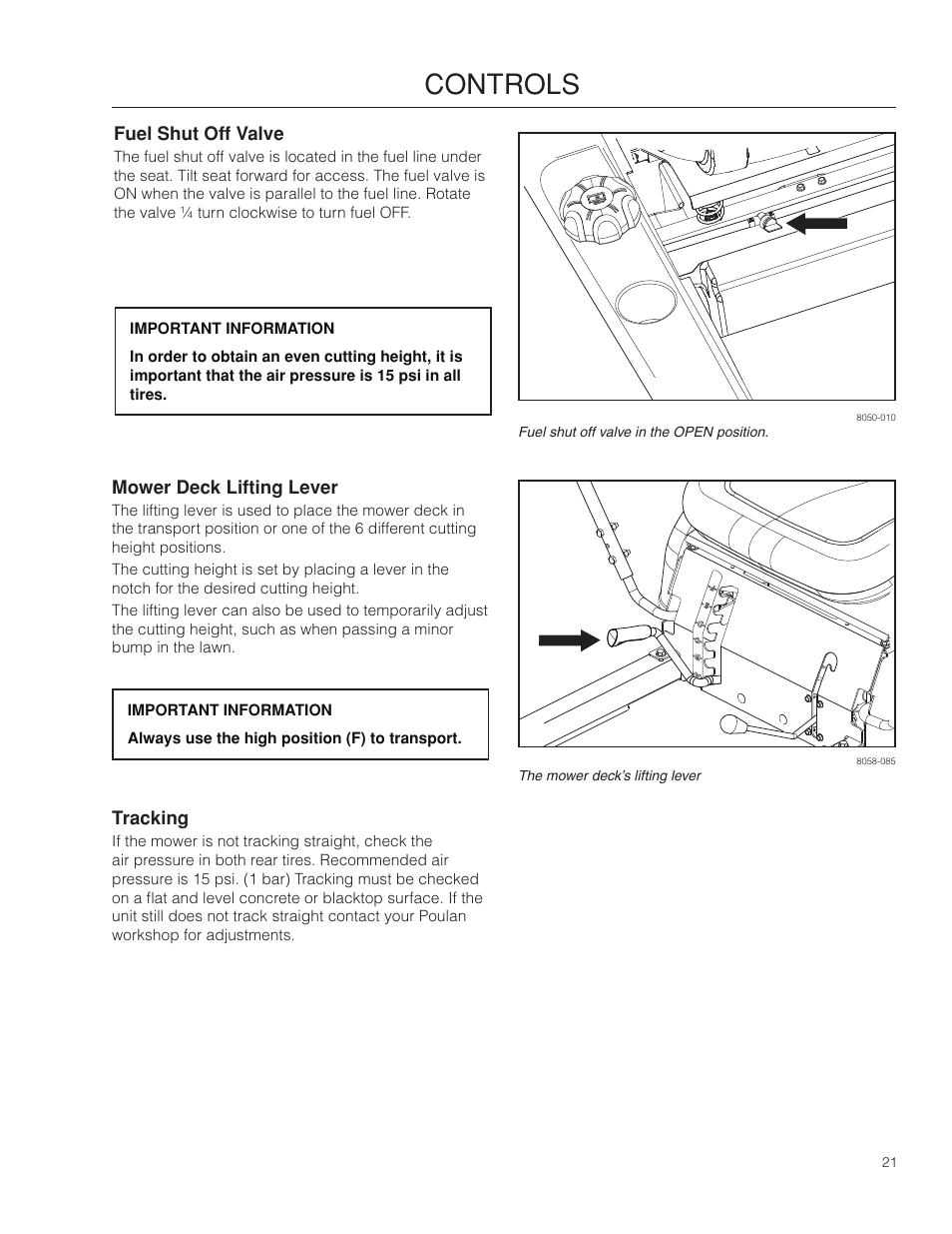 Fuel shut off valve, Mower deck lifting lever, Tracking | Controls | Poulan Pro 301ZX_966681701 LAWN TRACTOR User Manual | Page 21 / 56