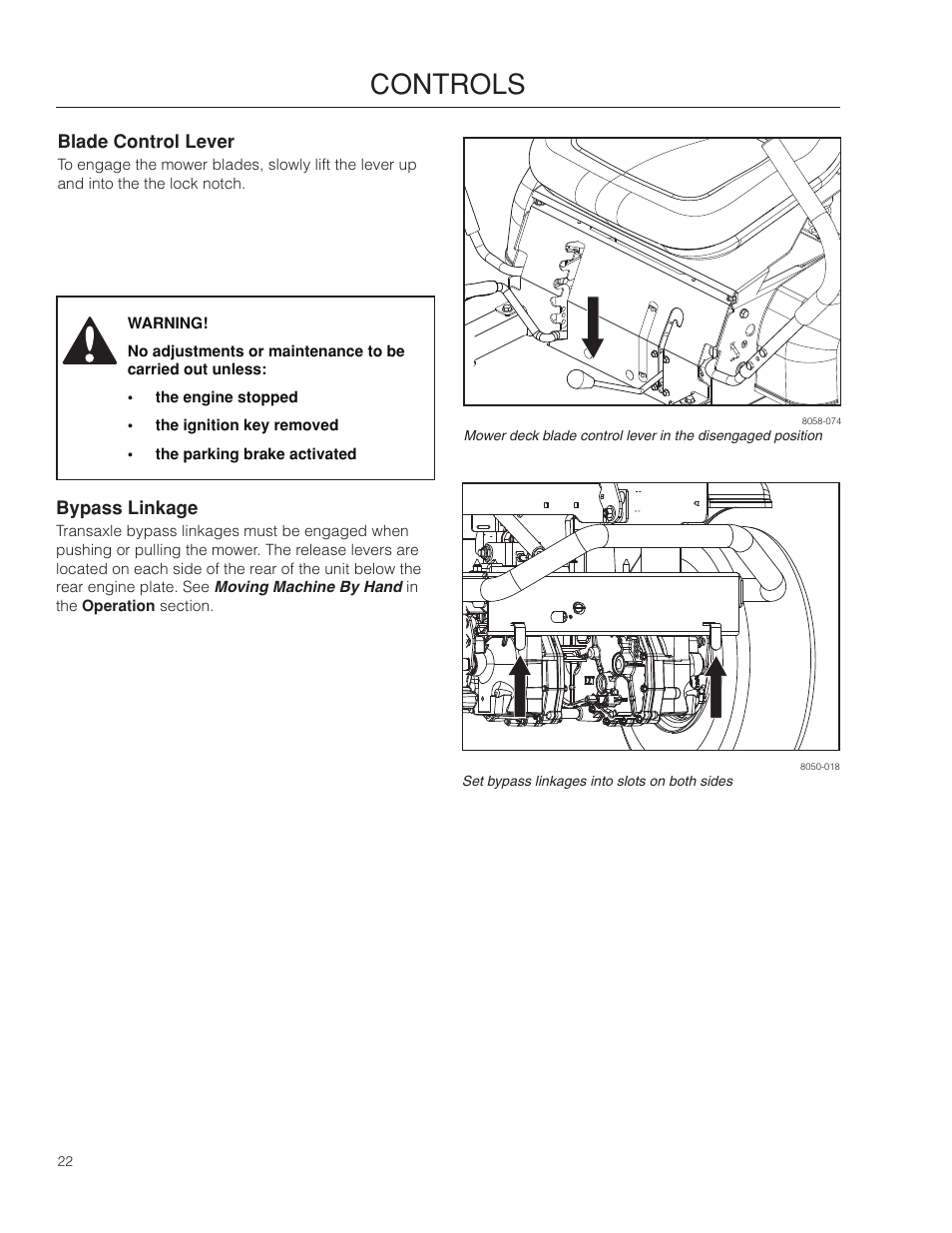 Blade control lever, Bypass linkage, Controls | Poulan Pro 301ZX_966681701 LAWN TRACTOR User Manual | Page 22 / 56