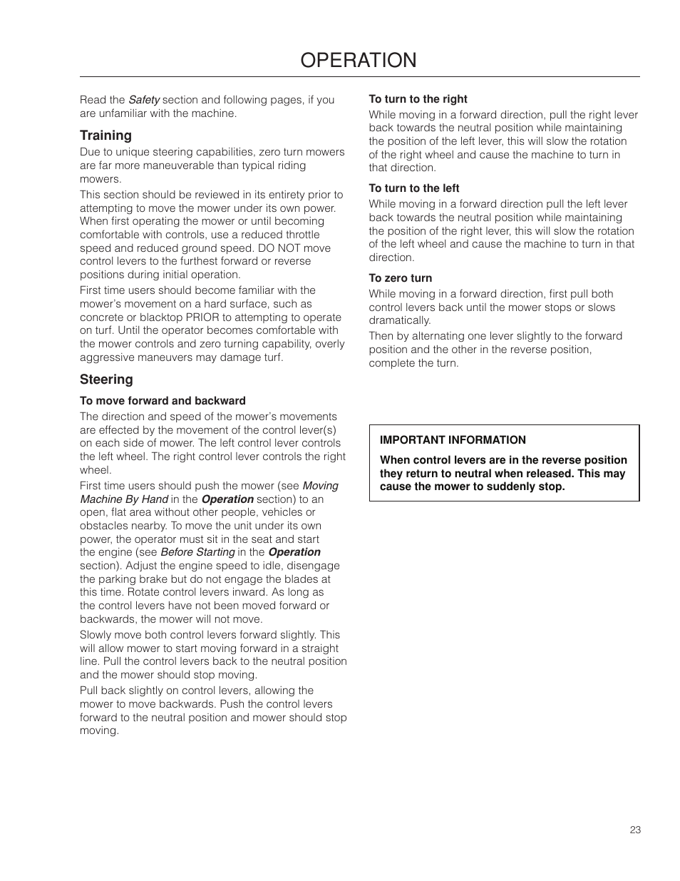 Operation, Training, Steering | Poulan Pro 301ZX_966681701 LAWN TRACTOR User Manual | Page 23 / 56