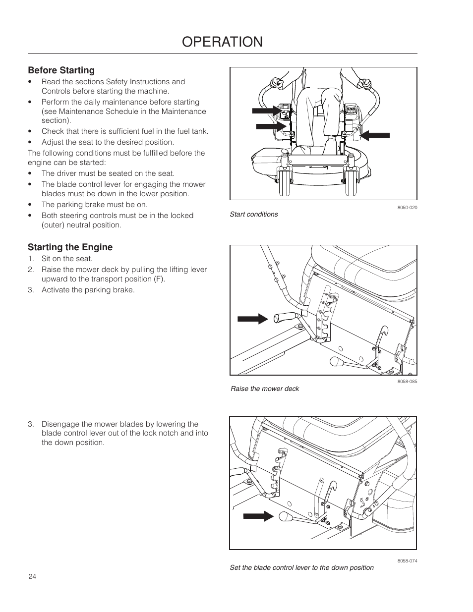 Before starting, Starting the engine, Operation | Poulan Pro 301ZX_966681701 LAWN TRACTOR User Manual | Page 24 / 56