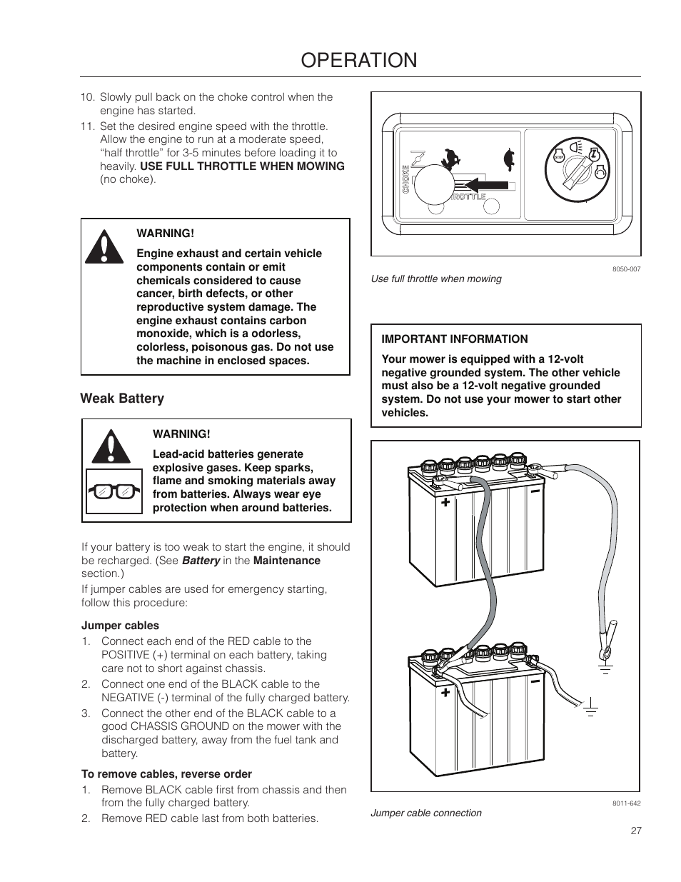 Weak battery, Jumper cables, Operation | Poulan Pro 301ZX_966681701 LAWN TRACTOR User Manual | Page 27 / 56