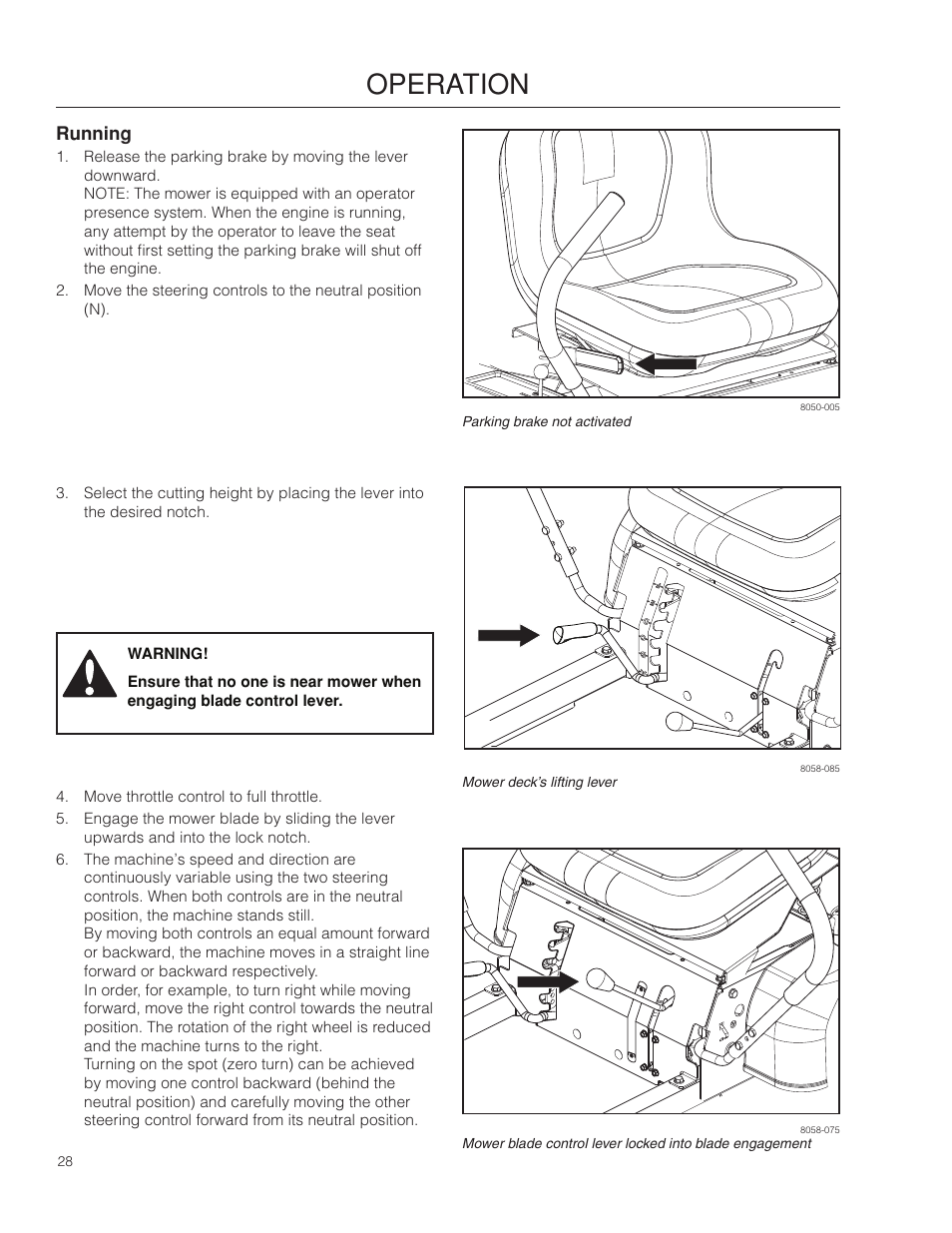 Running, Operation | Poulan Pro 301ZX_966681701 LAWN TRACTOR User Manual | Page 28 / 56