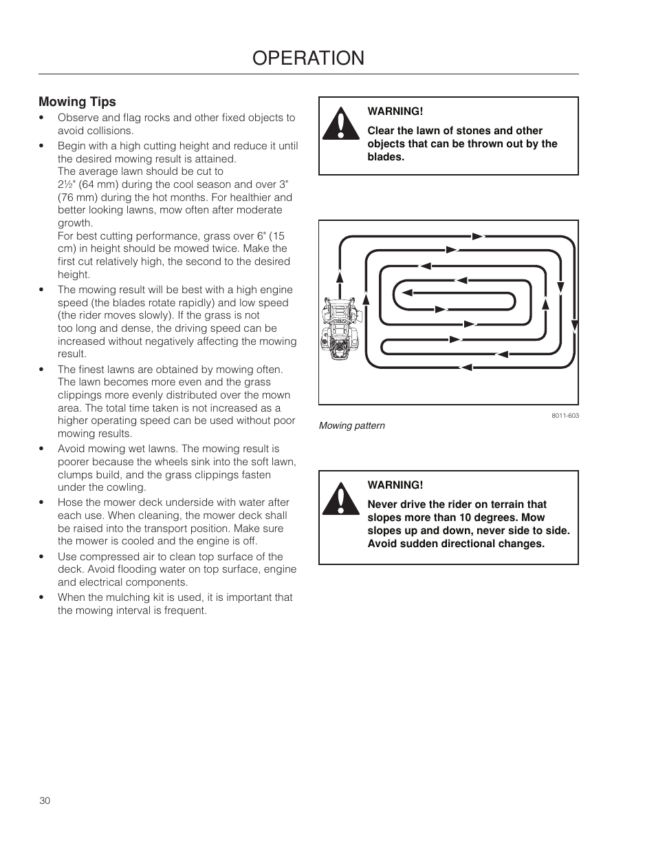 Mowing tips, Operation | Poulan Pro 301ZX_966681701 LAWN TRACTOR User Manual | Page 30 / 56