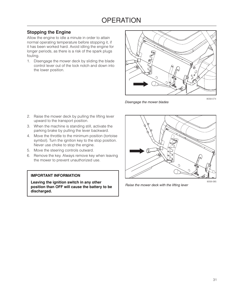 Stopping the engine, Operation | Poulan Pro 301ZX_966681701 LAWN TRACTOR User Manual | Page 31 / 56