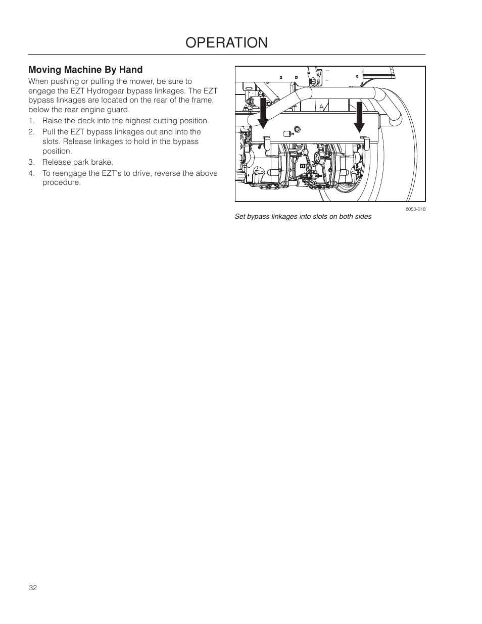 Moving machine by hand, Operation | Poulan Pro 301ZX_966681701 LAWN TRACTOR User Manual | Page 32 / 56